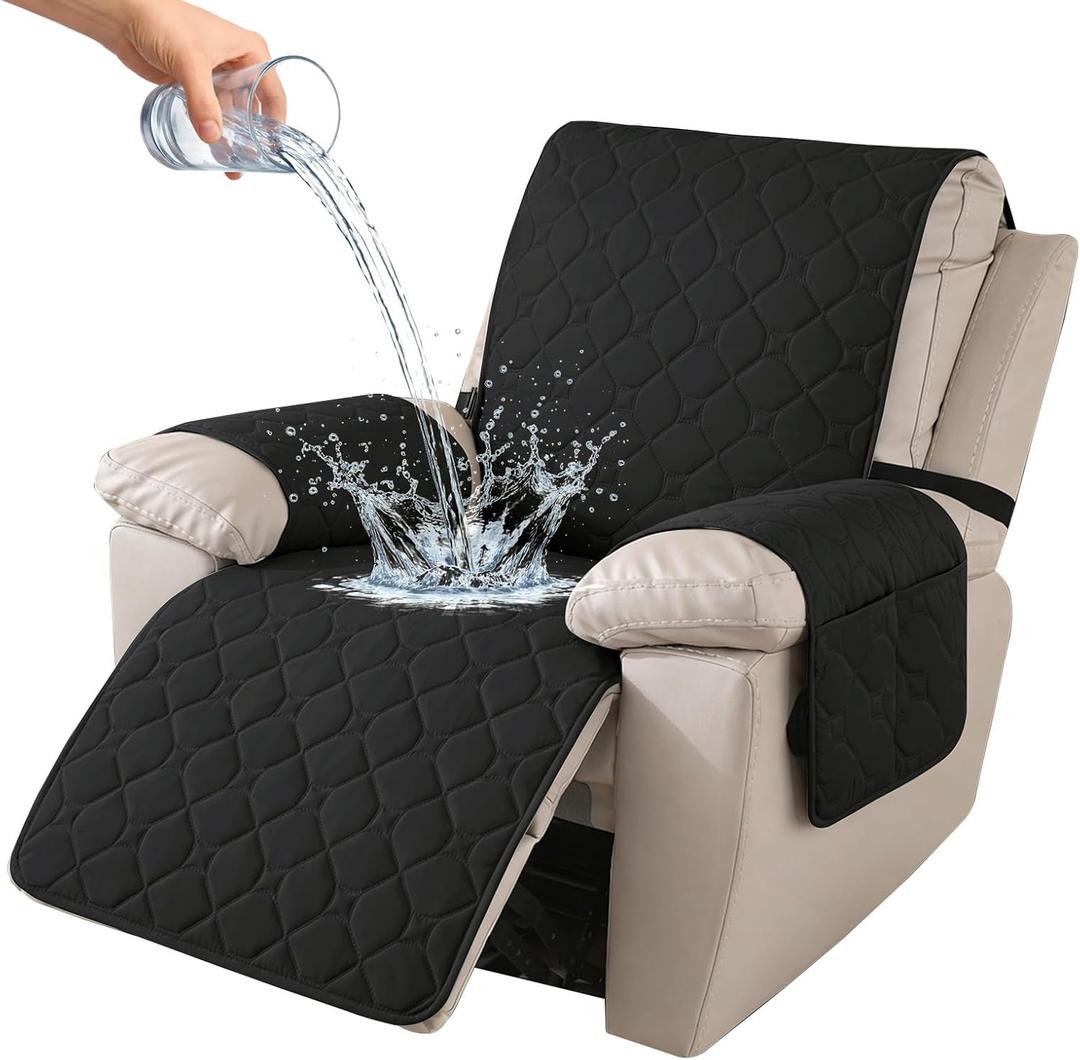 100% Waterproof Recliner Chair Covers, Recliner Cover Stay in Place, Chair Covers for Recliners, Recliner Covers Washable with Pocket, Elastic Straps for Pets, Dogs and Kids (Black, 30")