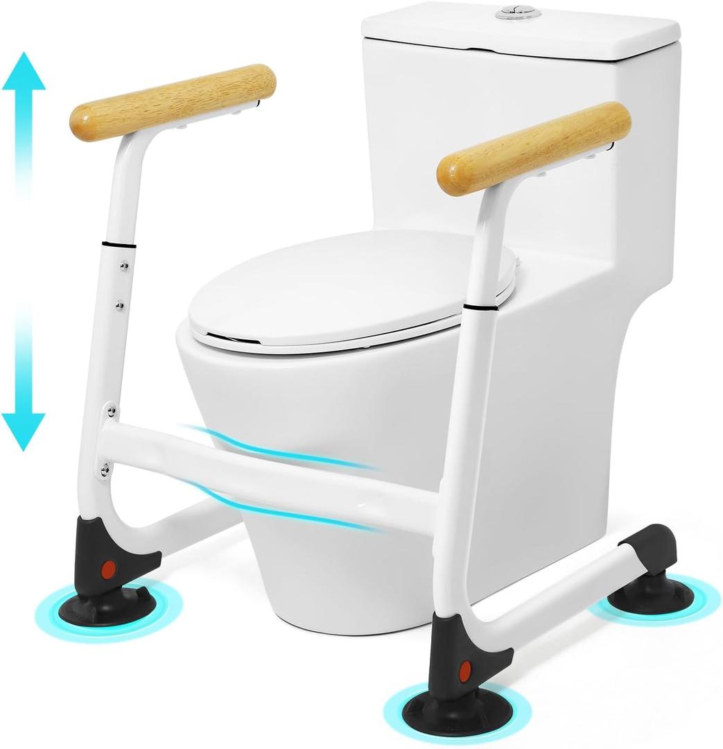 Toilet Safety Rails (350LBS), Adjustable Height Toilet Safety Frame for Elderly and Disabled, Stand Alone Toilet Safety Rails for Seniors, Handicap Toilet Rails Fits Most Toilets, Wood Color