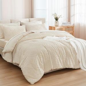 Andency Beige Super King Plus Size Comforter Set with Sheets - 7 Pieces Bed in a Bag Boho Tufted Bedding Sets Fluffy Lightweight Oversized King Bed Set with Comforter, Sheets, Pillowcases & Shams