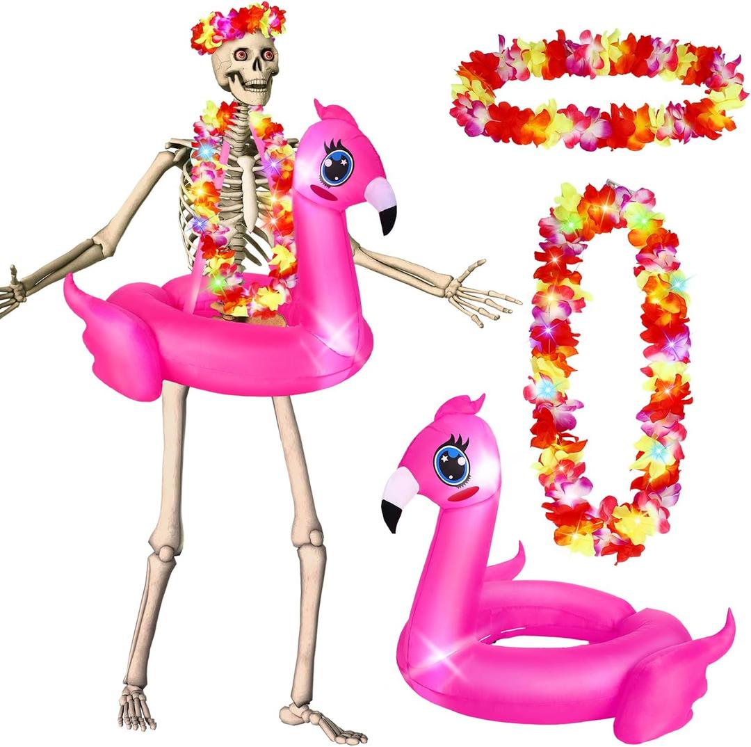 4 Pcs 12 ft Skeleton Costumes Set Includes Inflatable Flamingo Swimming Ring with Light Chest Ring Headpiece for Party Garden Lawn Decor