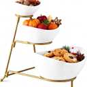 Gomakren 3 Tiered Oval Serving Bowl with Collapsible Metal Rack, Chip and Dip Serving Set, Dessert Appetizer Bowl Set (45oz / 17.5oz / 7oz), Serving Bowls For Mothers Day Entertaining (Gold Stand)