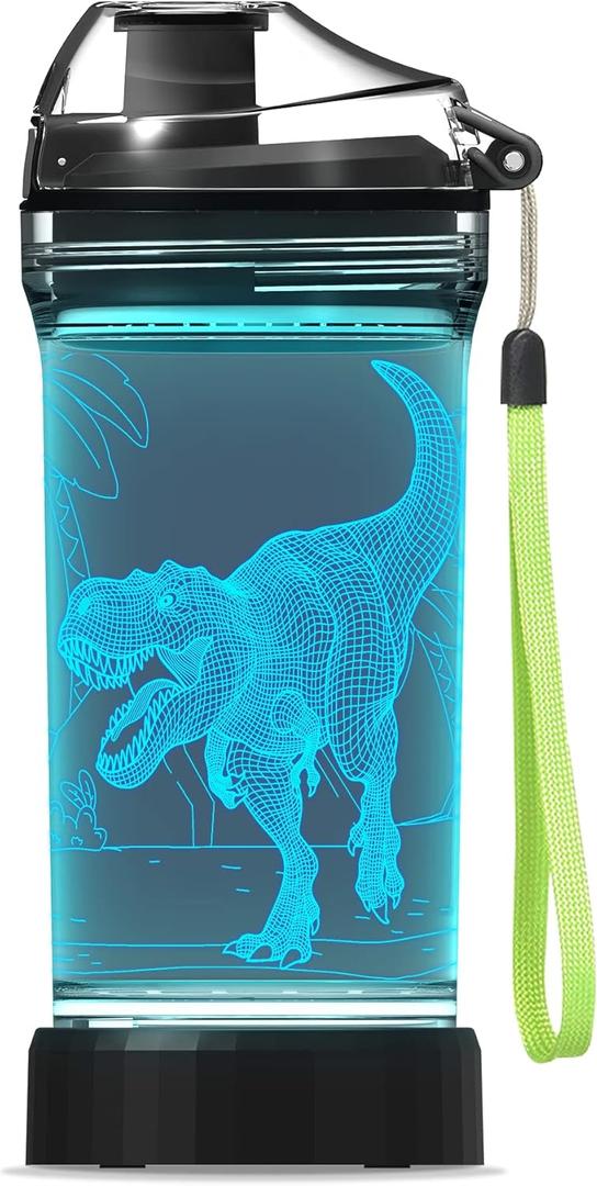 Lightzz Dinosaur Water Bottle, Dinosaur Toys for Boys 5-7 8-12 with 3D Glowing Light, Christmas Gifts White Elephant Gifts for Boys Teens, Light Up Glowing Cup 14 OZ Tritan BPA Free