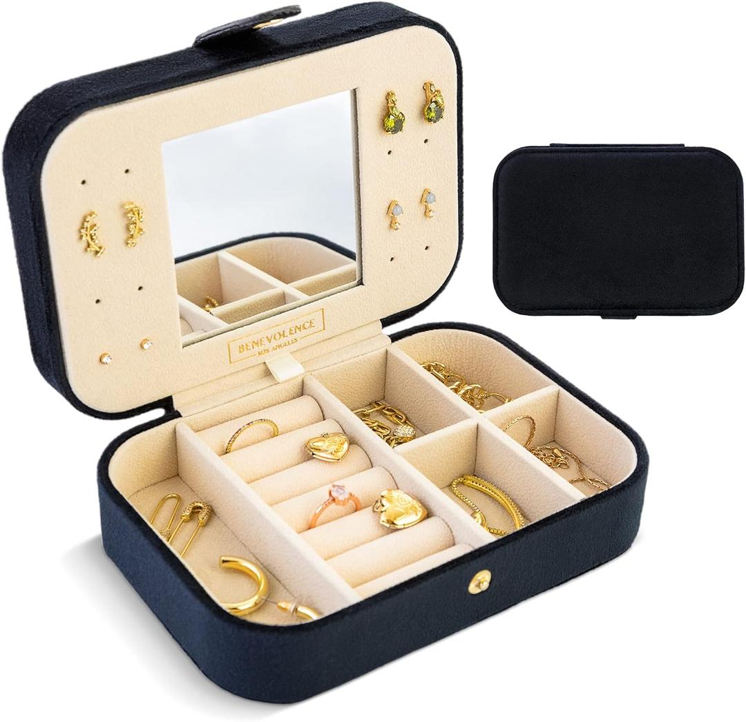 Benevolence LA Plush Velvet Travel Jewelry Storage Box | Earring Organizer with Mirror | Small Case for Women's Accessories | Gift for Mom, Sister, Girlfriend - Ebony (1 Layer, Ebony)