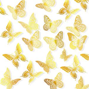 144 Piece 3D Butterfly Wall Decoration - Gold Butterfly Decor, 4 Styles, 3 Sizes, Removable Wall Stickers for Cake, Birthday, Party, Bedroom, Wedding
