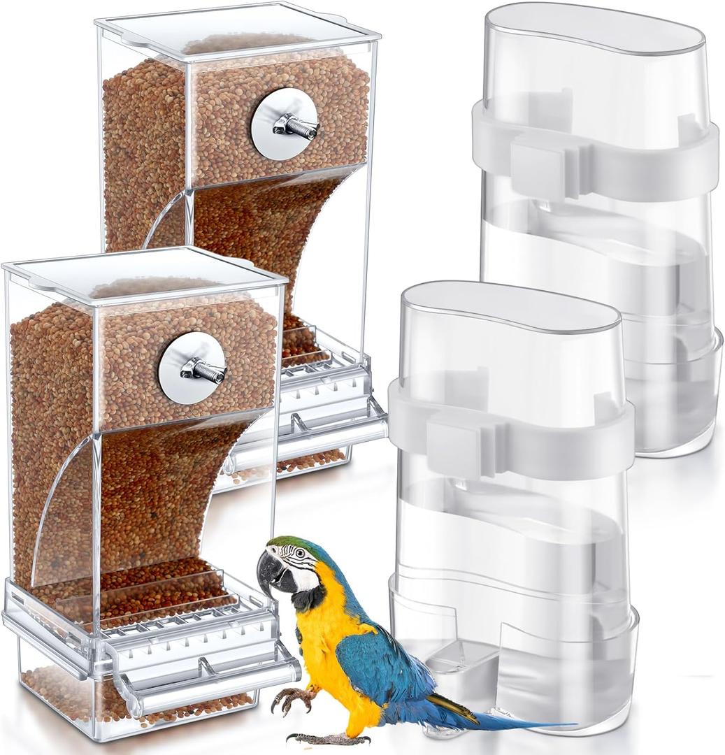 Yaomiao 4 Pcs No Mess Bird Feeders Automatic Parrot Water Dispenser Clear Quail Feeder and Watered Cage Accessories for Small and Medium Parrot Cockatiel Canary(Assorted,Transparent)
