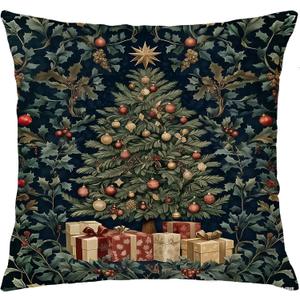 Magical William Morris Christmas Tree Pillow Covers 18x18, Whimsical Christmas Decor, Fantasy Full Moon Starry Night Decorative Throw Pillow Covers for Home Bedroom Living Room (Color-2)