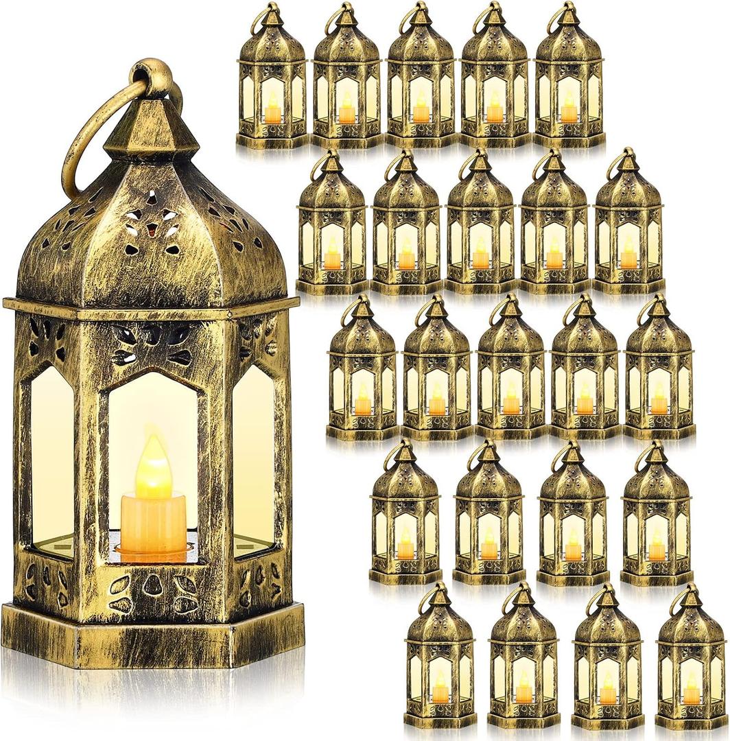Hortsun 24 Pcs Vintage LED Lantern for Centerpiece Wedding Decorative Lantern with Flickery Candle Battery Powered Wedding Festival Hanging Tealight Ramadan Christmas Party Decoration(Gold)