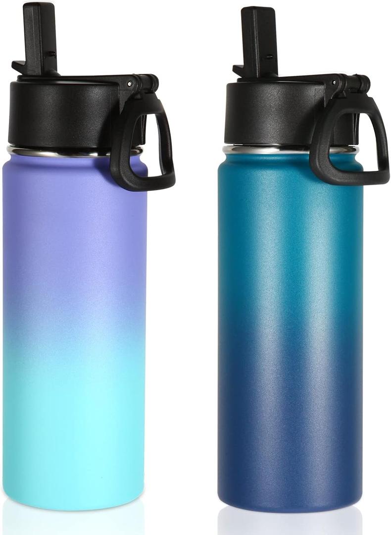 Volhoply 18oz Insulated Water Bottle Bulk 2 Pack, Kids Stainless Steel Water Bottles with Straw, Wide Mouth Reusable Metal Bottle, Double Wall Vacuum Sports Flask For Cold Drink (Assorted,2 Set)