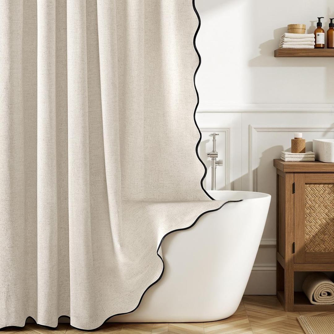 MIULEE Linen Scalloped Cream Shower Curtain with 12 Metal Hooks Boho Farmhouse Cute Heavy Duty Washable Waterproof Thick Cloth Shower Curtains with Black Border for Bathroom Hotel,W72*L72, Natural