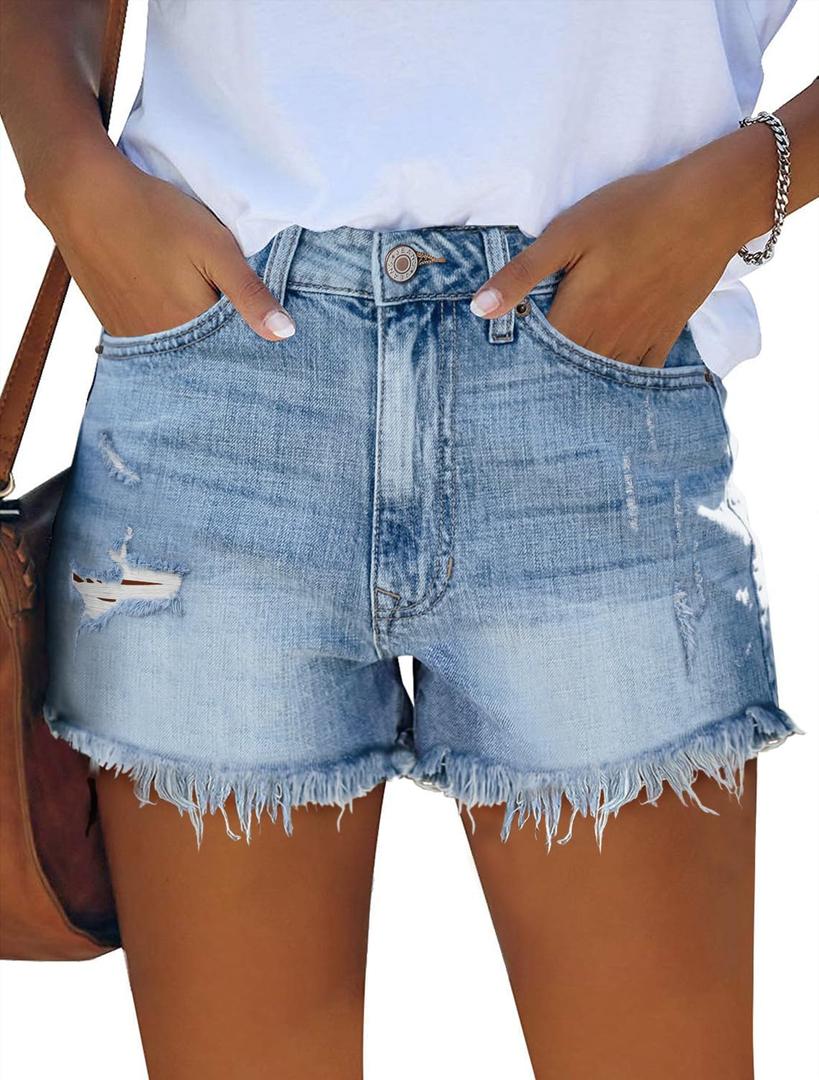 onlypuff Women Denim Shorts Ripped Mid Waisted Jean Shorts with Pockets (M)