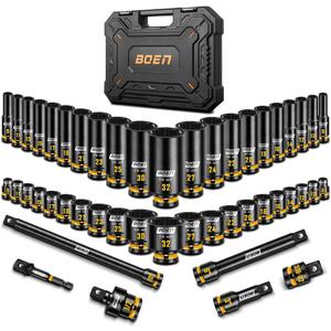boen 48PCS 1/2 Drive Metric Socket Set, Impact Deep&Shollow Socket(8mm-32mm), for Lug Nut Use, 6-Point with Yellow Embossed Marking, CR-MO