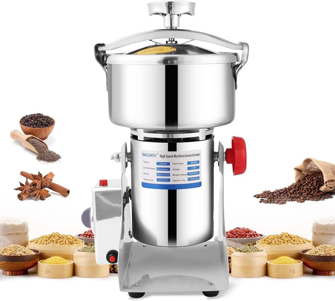 1000g Electric Grain Mill 36000r/min High-speed Grain Mill 2600W Superfine Powder Grinder Dry Grinder Machine 270 swingable Dry Material Grinding Machine 304 Stainless Steel herb grinder
