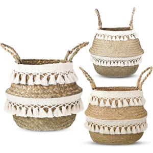 Wesiti 3 Set Seagrass Belly Basket Woven Plant Pot Holder Basket with Handles Tassels handmade Home Decor for Plant Storage Laundry Grocery, Small, Medium, Large