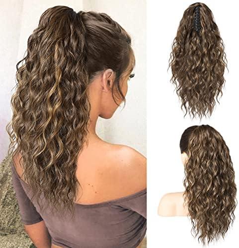 SEIKEA 18" Long Claw Highlight Ponytail Extension, PT002 Tia Multi Layered Hair Wavy Curly Fluffy Thick Jaw Clip in Hair Extensions Ponytail Soft Natural Hairpiece Medium Brown Dark Blonde Highlights