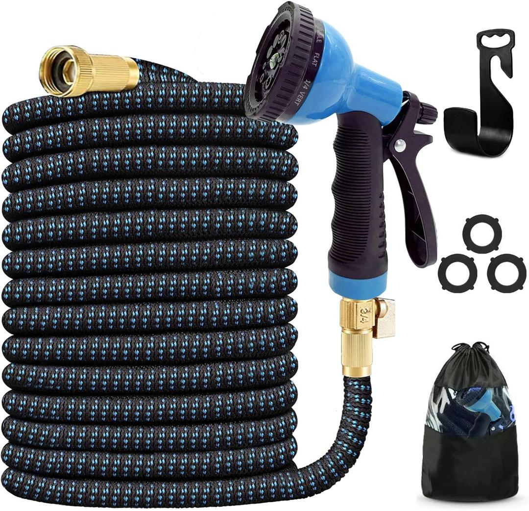 J&B XpandaHose 75ft Expandable Garden Hose with Holder - Heavy Duty Superior Strength 3750D - 4 -Layer Latex Core - Extra Strong Brass Connectors and 10 Spray Nozzle w/Storage Bag (Blue 75)