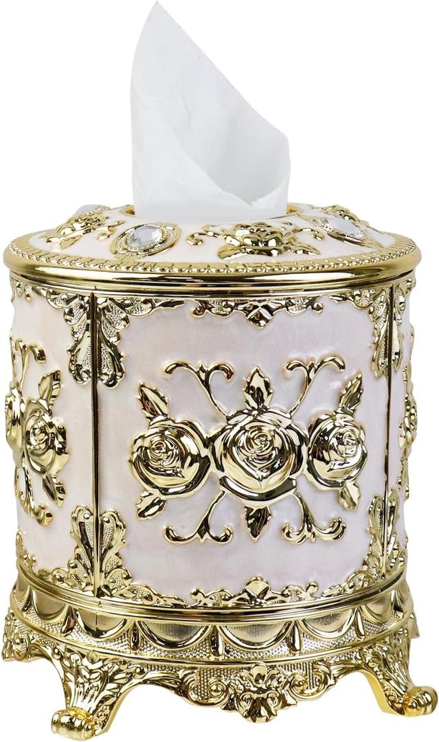 Geesatis Tissue Box Cover, Cylindrical Tissue Box Holder, Napkin Facial Tissues Holder for Bathroom Toilet Bedroom Living Room Table Desk Office Dresser, 1Pcs Gold 6.5''x6.1''