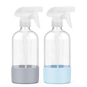 Worldgsb 1  Glass Spray Bottles with Silicone Sleeve, 16 oz Empty Refillable Containers with Adjustable Spray Nozzles, Spray Bottles for Hair, Cleaning Solutions and Plants Blue&Grey
