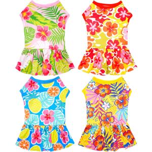 4PCS/Pack Hawaiian Dog Dresses for Small Dogs Girl Female Pink Yellow Red Blue Puppies Doggies Kittens Skirts Summer Sundress Pineapple Flower Pattern Soft for Holiday Party Beach Small