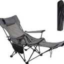 LEADALLWAY Camping Folding Chair with Foot Rest, Collapsible Camp Chair with Cup Holder and Removable Storage Bag, Heavy Duty Beach Chair for Outdoor Camp, Picnic, Travel, Fishing (Khaki)