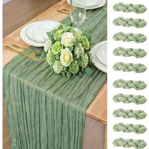 10 Pack Sage Green Spring Cheesecloth Table Runner, 120 Inch Boho Gauze Table Runners, Rustic Sheer Cheese Cloth Table Runners for Wedding, Baby Shower, Birthday Party, Home Decor