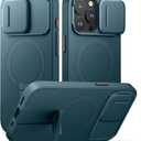 SURITCH for iPhone 15 Pro Case with Magnetic Camera Slide Cover and Adjustable Kickstand, Compatible with MagSafe, Shockproof Bumper Case Slim Protective Cover 6.1 Inch, Lake Green