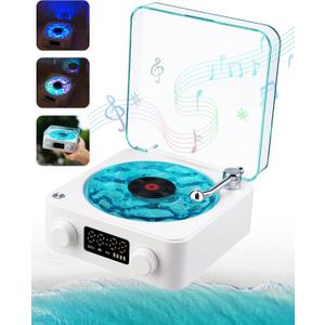 Waves Vinyl Bluetooth Speaker,Mini Record Player Style Speakers with Ocean Sound White Noise,Retro Bluetooth Speakers Cute with Light and Timer Gifts for Girls Women Valentine's Day Party Favor