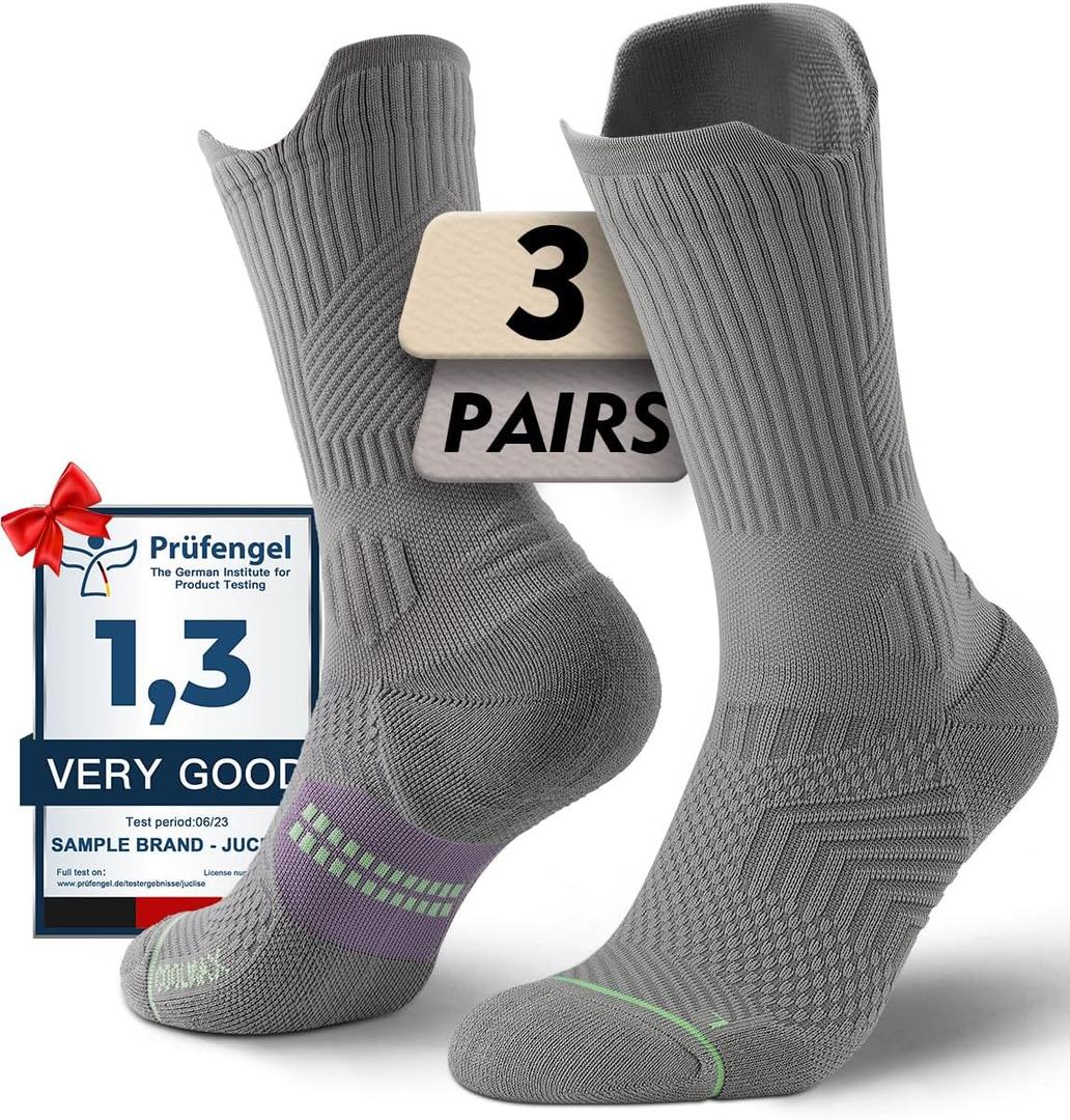 Womens Coolmax Bamboo Viscose Compression Running Crew Socks, Moisture-Wicking Anti-Blister Hiking&Gym Athletic (Medium, Light Grey)