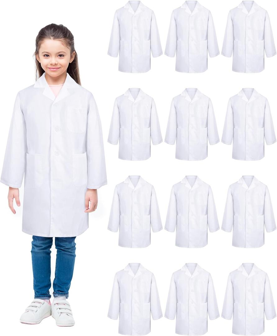 Seajan 12 Pcs Unisex Kids Lab Coat Bulk Soft Kids Scrubs White Doctor Coat Scientist Halloween Costume for Boys and Girls (XS Size)