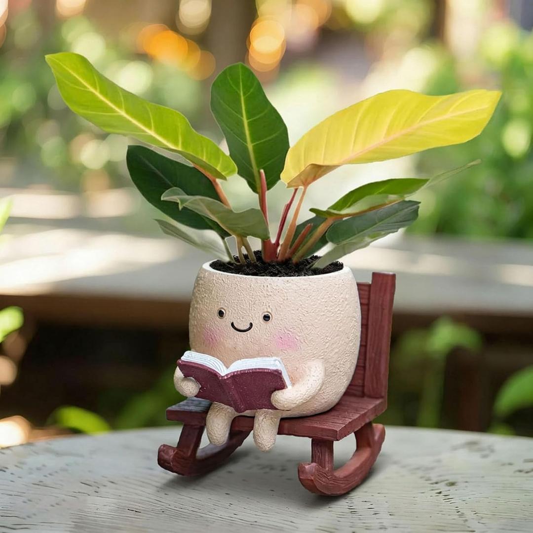 Smiley Face Planter Pot, Cute Rocking Chair Plant Pots for Indoor Outdoor, Unique Funny Reading Flower Pot with Drainage Hole, Succulents Plant Gifts for Mother's Day, Birthday, Christmas