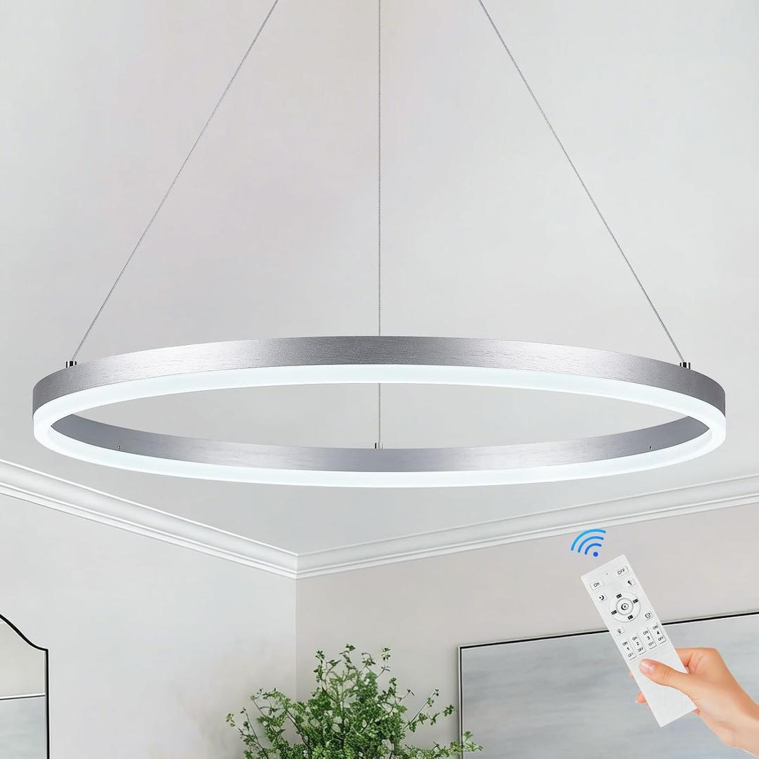 Modern LED Pendant Lighting Ring Chandelier Silver Dimmable LED Chandelier for Dining Room 36W Adjustable Pendant Light Fixture for Living Room Bedroom Home Office Foyer, 3000-6500K D24in
