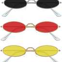 3 Pieces Vintage Oval Sunglasses Retro Slender Metal Frame Oval glasses Small Vintage Sunglasses Candy Colors for Men Woman (Grey Lens, Red Lens, Yellow Lens)