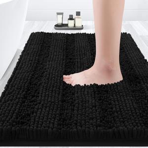 ACCUMTEK Striped Black Bathroom Rug Mat 32"x20" Ultra Soft, Non Slip Chenille Bath Rugs, Absorbent Plush Shaggy Bath Mats for Bathroom, Bedroom, Kitchen, Shower, Tub