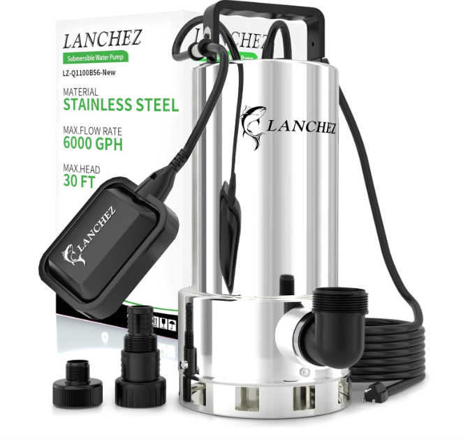 LANCHEZ 1.6HP 6000GPH Sump Pump, Stainless Steel High Flow Submersible Water Pump with Float Switch, Automatic Transfer Water Pump for Swimming Pool Basement Flooded Pit Sewage Sink Tub, Silver