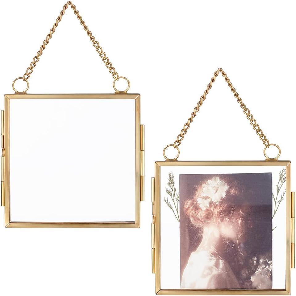 OLYCRAFT 2Pcs Wall Hanging Mini Photo Frames 2.9x2.9 Inch Double Glass Picture Frame with Chain Alloy Square Folding Frame DIY Vintage Artwork Display Frames for Pressed Flowers Pictures Home Wall Decor