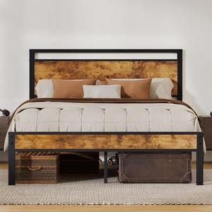 Z-hom Queen Bed Frame with Modern Wood Headboard & Footboard, Upgraded Heavy Duty Metal Sturdy Bed Frame Queen Size, Stable Platform Bed Furniture Bed Storage, No Noise, No Box Springs, Vintage Brown