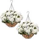 Waipfaru 2 Set Artificial Geraniums for Outdoors with Hanging Baskets, 12 Bundles UV Resistant Artificial Outdoor Plants, Fake White Flowers for Spring Front Porch Home Patio Balcony Yard Decor