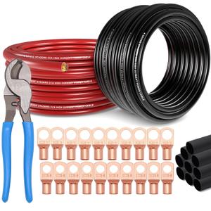 4 Gauge Wire (25ft Each - Red/Black) Copper Clad Aluminum CCA with Cable Cutter, Lugs Terminal Connectors and Heat Shrink Tube - Battery Power/Ground Cable, Car Audio Speaker, RV Trailer Amp Wiring kit