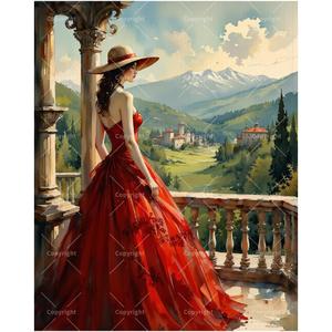Elegant Woman Paint by Numbers Kit for Adults - DIY Lady in Red Dress on Balcony Painting on Canvas, Acrylic Paint Set, Suitable for Beginners, Art for Home Decoration or Gifts(12X16IN Framed)