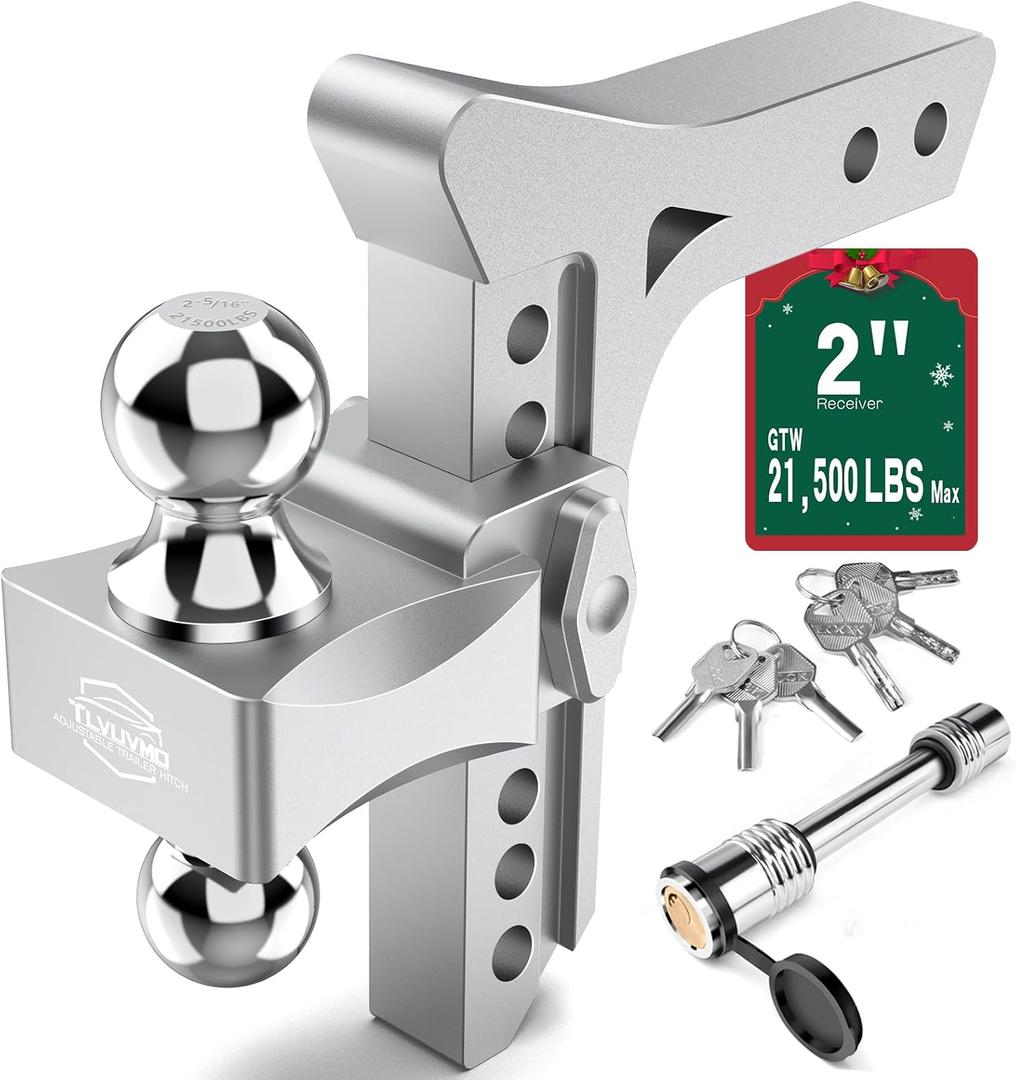 Adjustable Trailer Hitch -8 Inch Drop Hitch (Fits 2-Inch Receiver), 21,500 LBS GTW Heavy Duty Aluminum Tow Hitches, (2'' & 2-5/16'') Chrome Steel Tow Balls & 2 Anti-Theft Locks