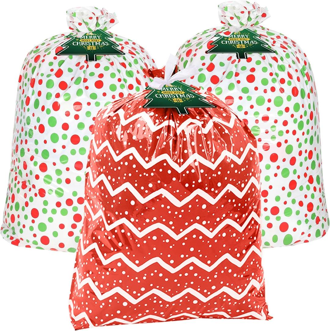 Large Christmas Gift Bags, 3PCS 44"X 36" Jumbo Extra Large Gift Bag, XL Christmas Bags for Wrapping Oversized Giant Huge Presents, Xmas Holiday Big Bags for Gifts, Large Plastic Gift Bags Baby Shower