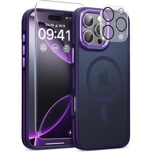 Magnetic 3 in 1 for iPhone 16 Pro Max Case, [Omni-Directional Protection] with 1x Screen Protector + 1x Camera Cover, [Seamless Work with Magsafe] Protective Silm Case for iPhone 16 Pro Max Purple