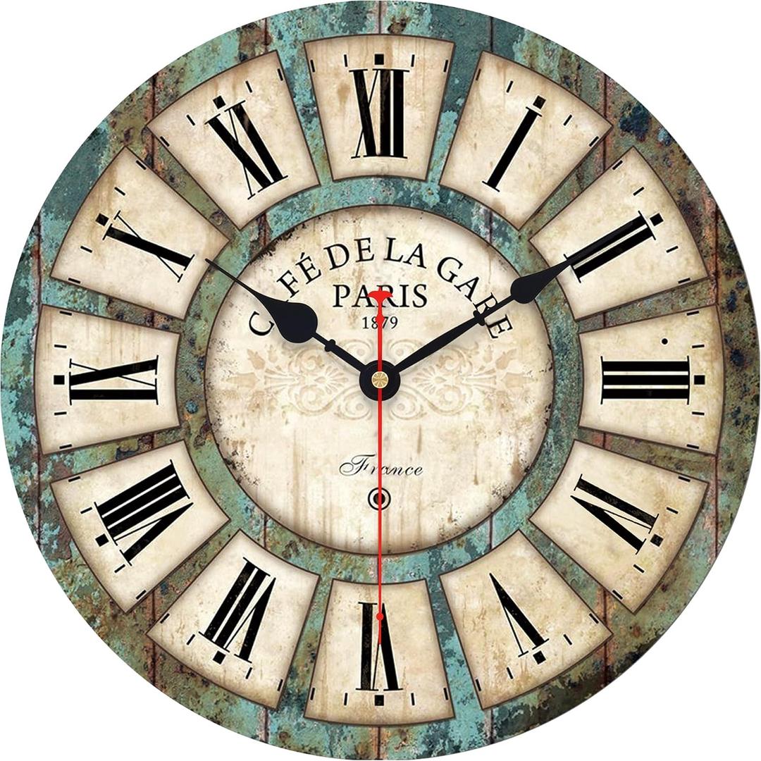 VIKMARI 14 Inch Wooden Wall Clock Battery Operated Retro Rustic Decorative Clock with Roman Numerals Round Shabby Chic for Kitchen, Living Room, Bedroom