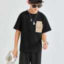Boys Short Sleeve T Shirts Kids Fashion Crewneck Casual Tees Tops with Flap Chest Pocket 5-14 Years (Black)