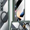for Samsung Galaxy Z Fold 4 Non-Yellowing Case [Compatible with MagSafe] 360 Rotatable Ring Stand, Electroplated & Hinge Protection & Screen Protector, Magnetic Slim Clear Phone Case, Green