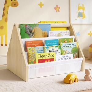 Kids Bookshelf, 19" Nursery Book Shelves for Toddler Rooms, with Deep Fabric Pockets, Montessori Book Shelf for Baby Room, Reading Corner or Playroom Decor