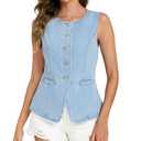 Ladyful Womens Denim Vest Top Button Down Jean Vest Tank Tops Sleeveless Crewneck Jean Waistcoat with Pockets, Light Blue-1, Large