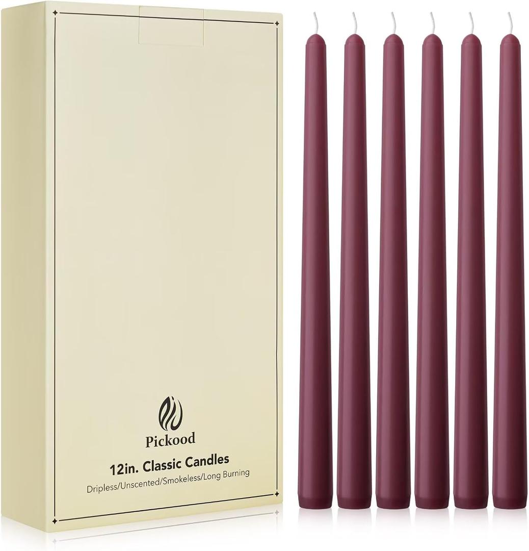 New Burning Formula Unscented Dripless 12-Inch Taper Candles Set of 12 - Burgundy, for Wedding, Dinner - Smokeless, Long Burning - Hand Poured, Colored Tall Candlesticks - Burdeos