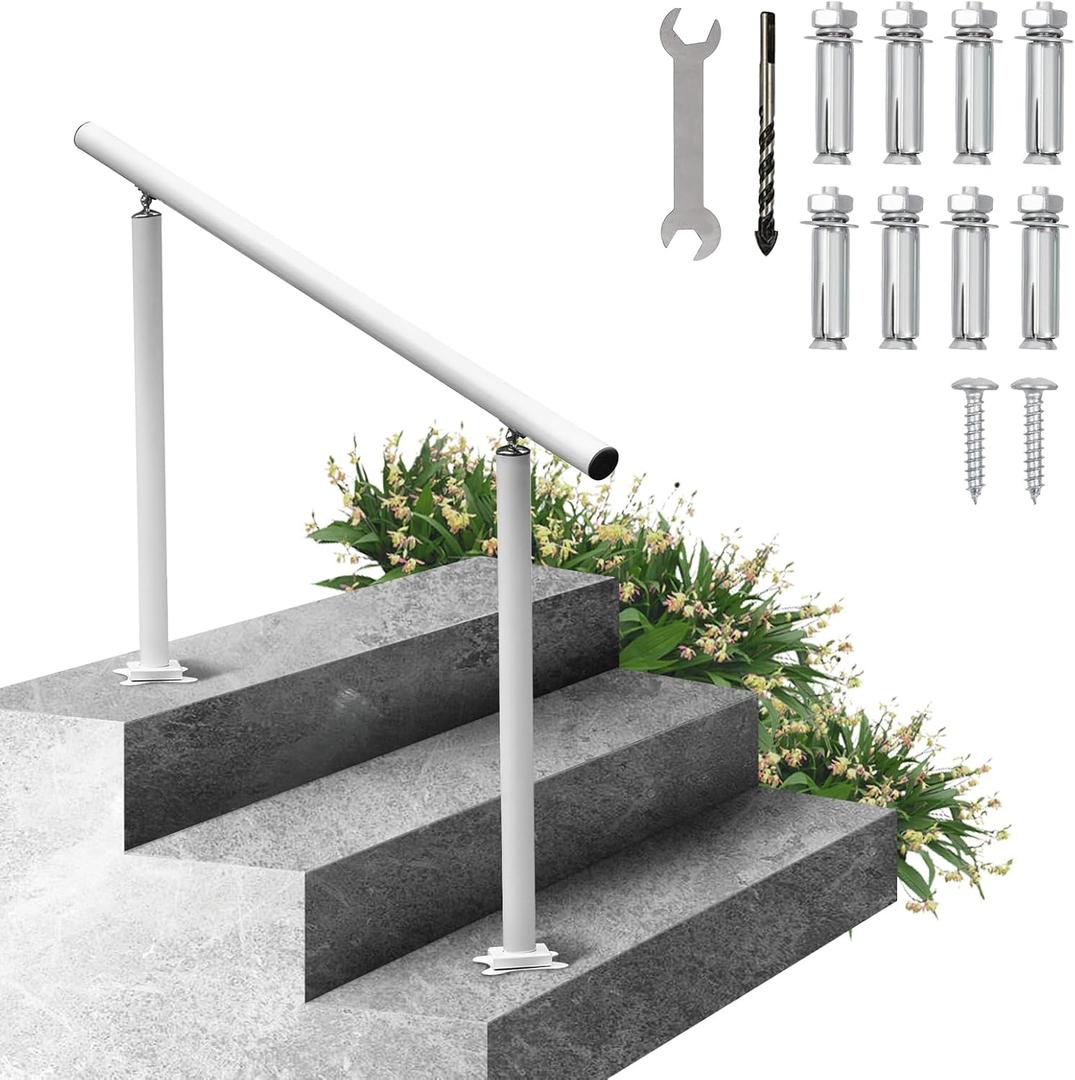 VEVOR Outdoor Steps Handrail, 2-3 Steps White Round Adjustable Aluminum Staircase Railing for Porch & Deck