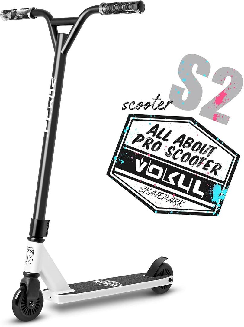 VOKUL Complete Pro Scooter for Kids Boys Girls Teens Up 6 Years - Freestyle Tricks Pro Stunt Scooter - High Performance Gift for Skatepark Street Tricks (Black/White)