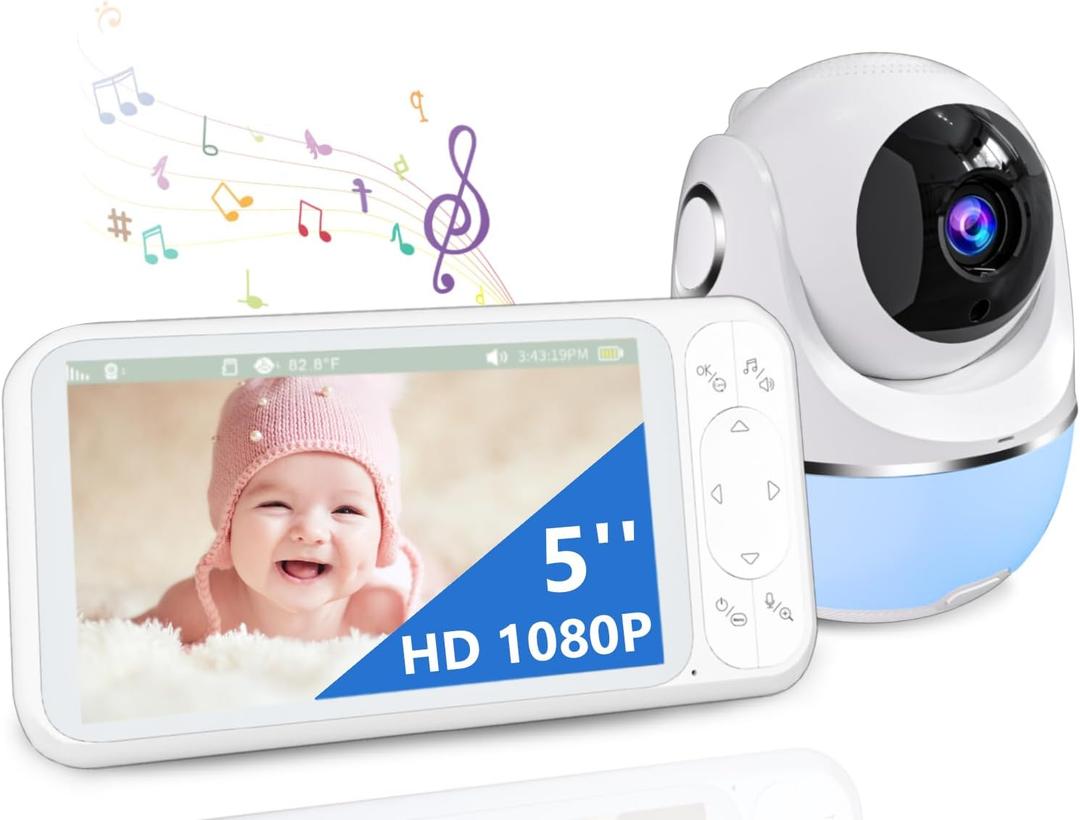 1080P No WiFi Baby Monitor with Camera and Audio, 5'' Screen 32-Hour 5000mAh Battery, 4X Zoom, Night Vision, 2-Way Talk, 8 Lullabies, 1200ft Long Range (White)